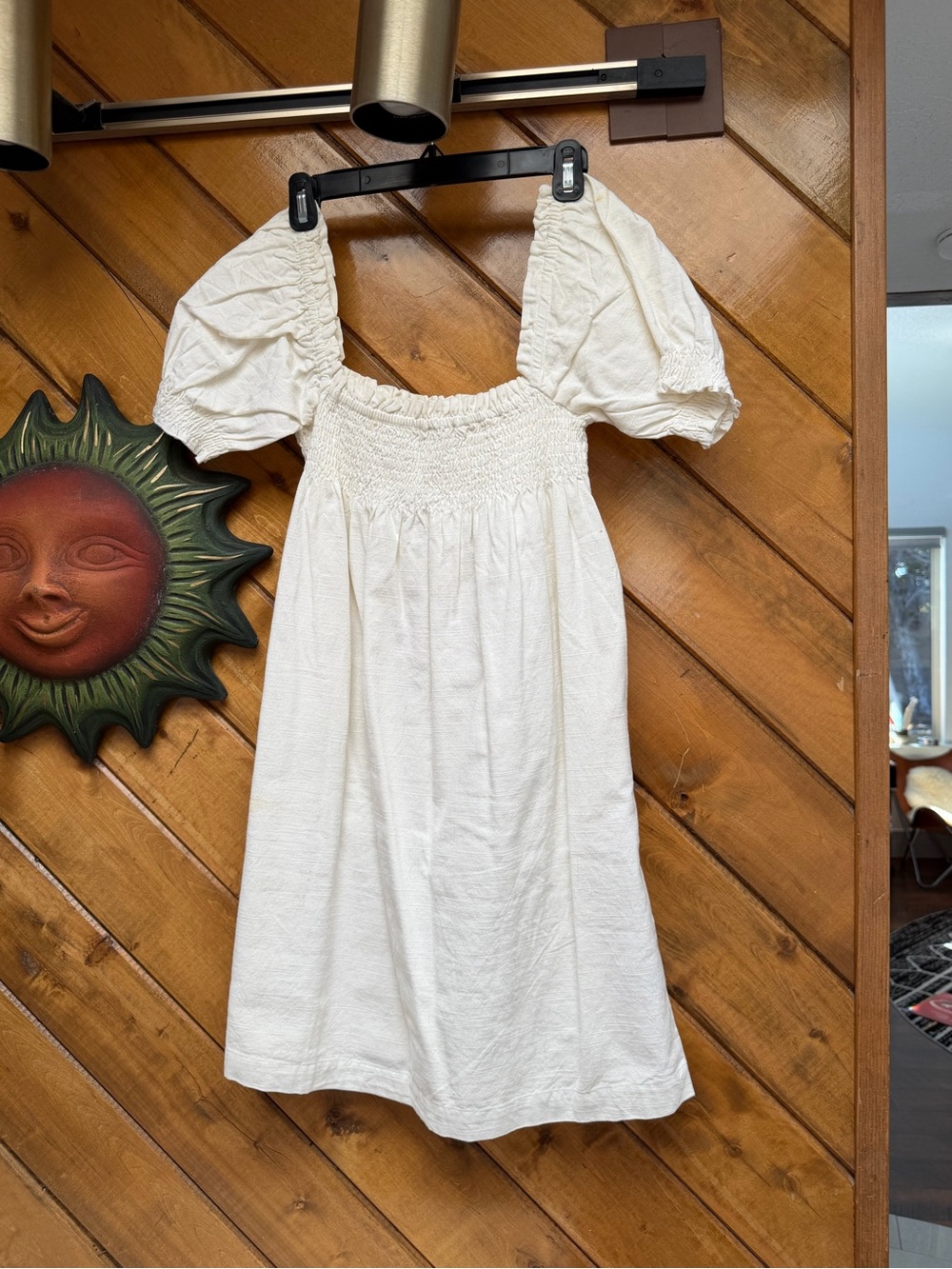 Faherty White Smocked Puff-Sleeve Midi Dress